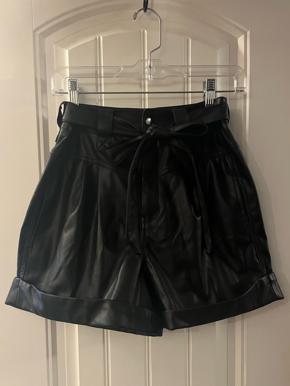 Vegan Leather High-Waist Paperbag Shorts - Black, size Small
